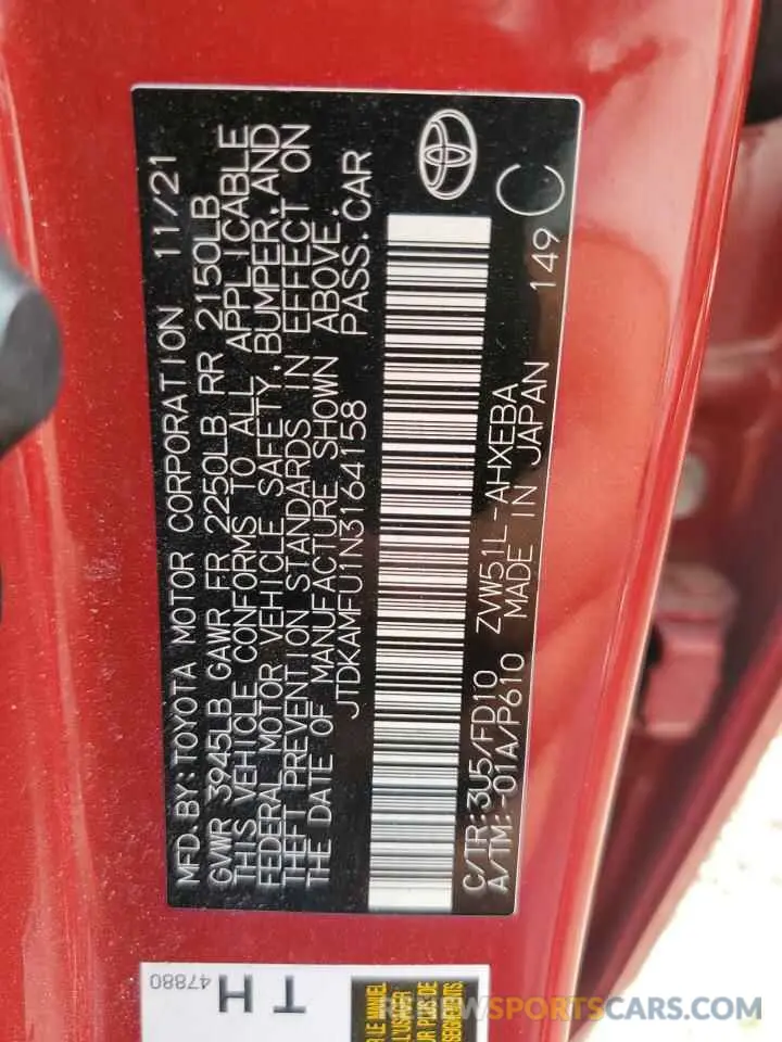 13 Photograph of a damaged car JTDKAMFU1N3164158 TOYOTA PRIUS NIGH 2022