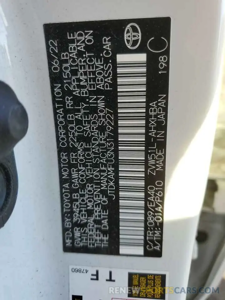 12 Photograph of a damaged car JTDKAMFU3N3179227 TOYOTA PRIUS NIGH 2022