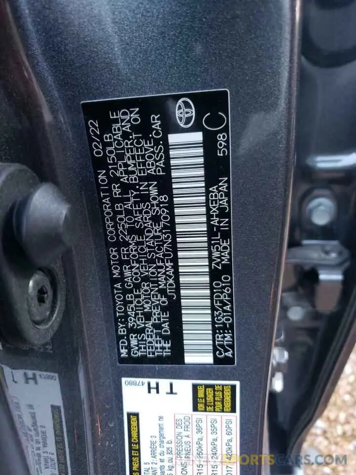 12 Photograph of a damaged car JTDKAMFU7N3170918 TOYOTA PRIUS NIGH 2022