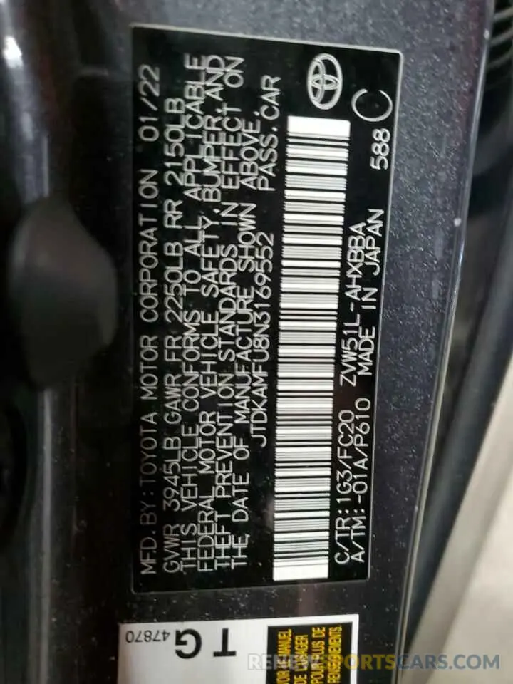 13 Photograph of a damaged car JTDKAMFU8N3169552 TOYOTA PRIUS NIGH 2022