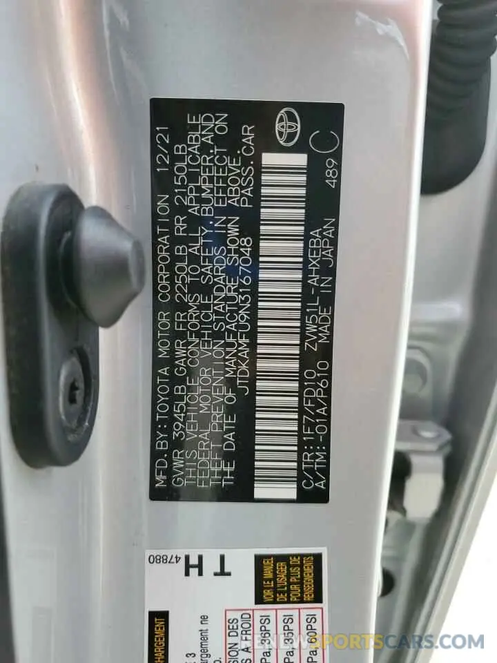 13 Photograph of a damaged car JTDKAMFU9N3167048 TOYOTA PRIUS NIGH 2022