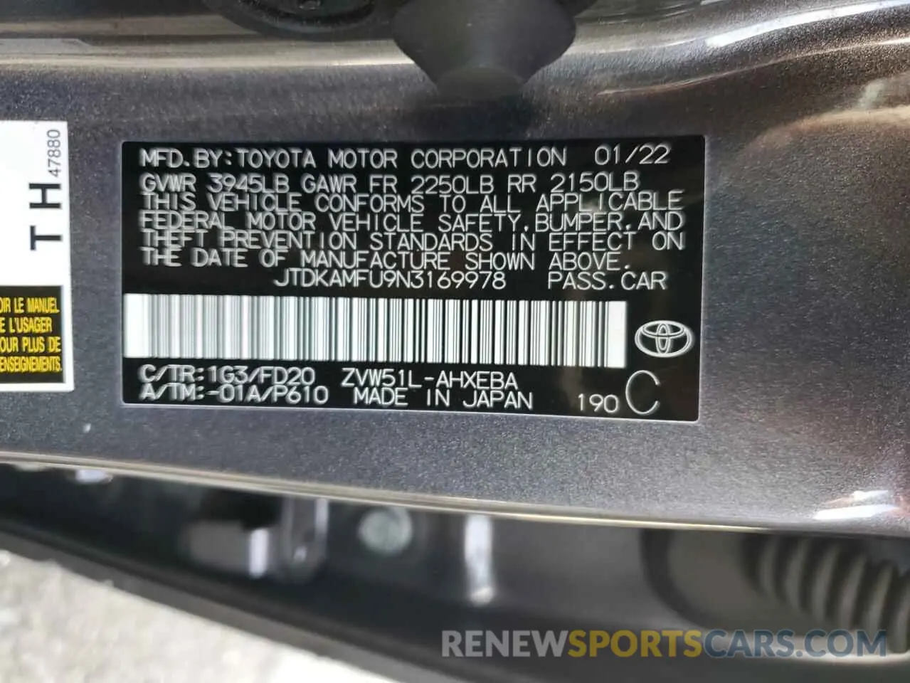 14 Photograph of a damaged car JTDKAMFU9N3169978 TOYOTA PRIUS NIGH 2022