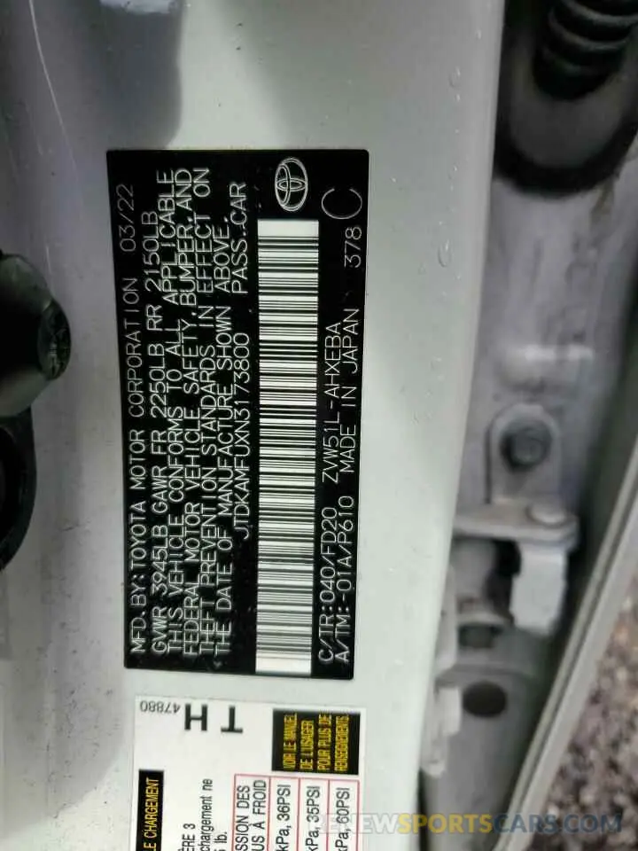 13 Photograph of a damaged car JTDKAMFUXN3173800 TOYOTA PRIUS NIGH 2022