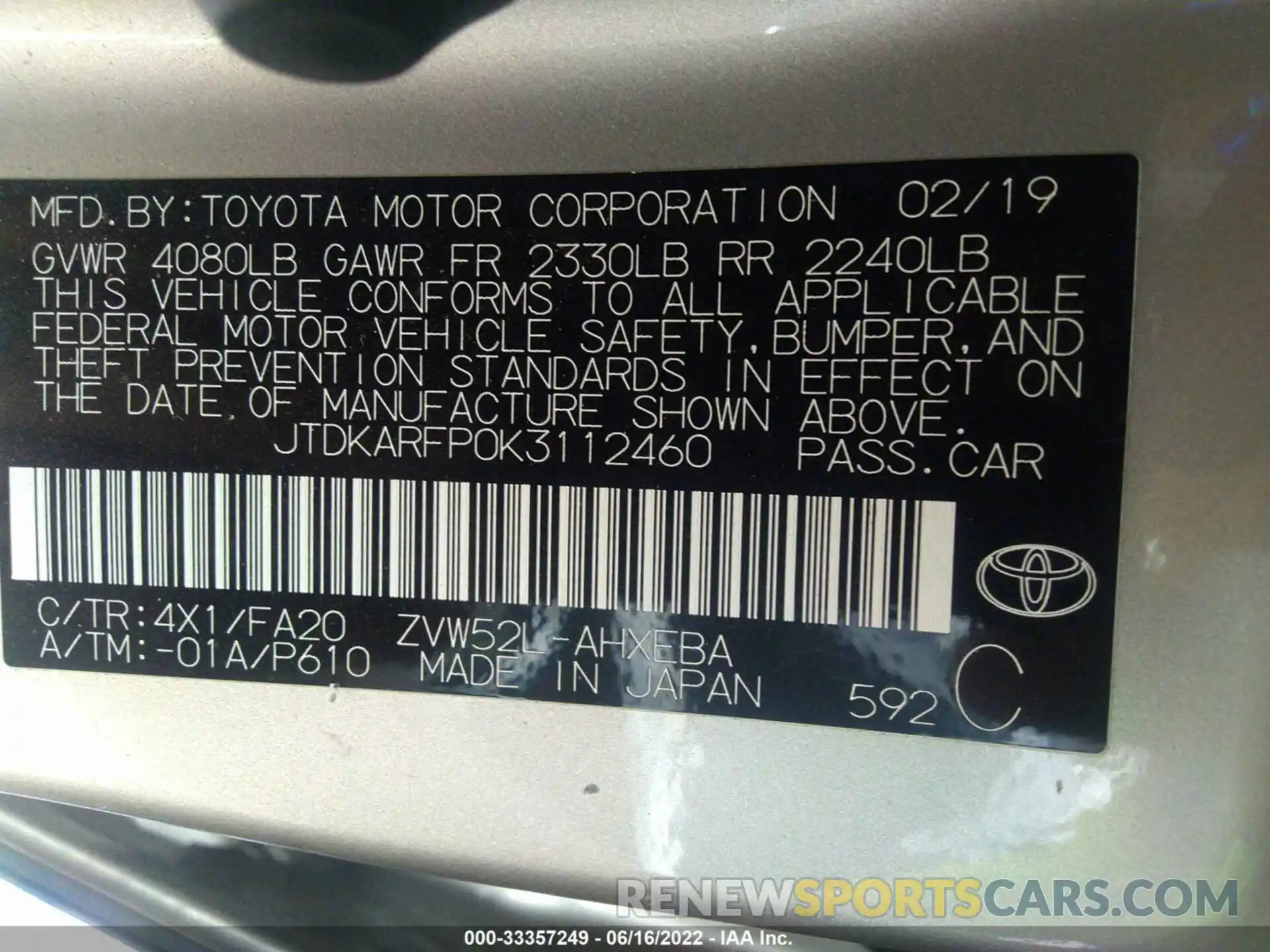 9 Photograph of a damaged car JTDKARFP0K3112460 TOYOTA PRIUS PRIME 2019