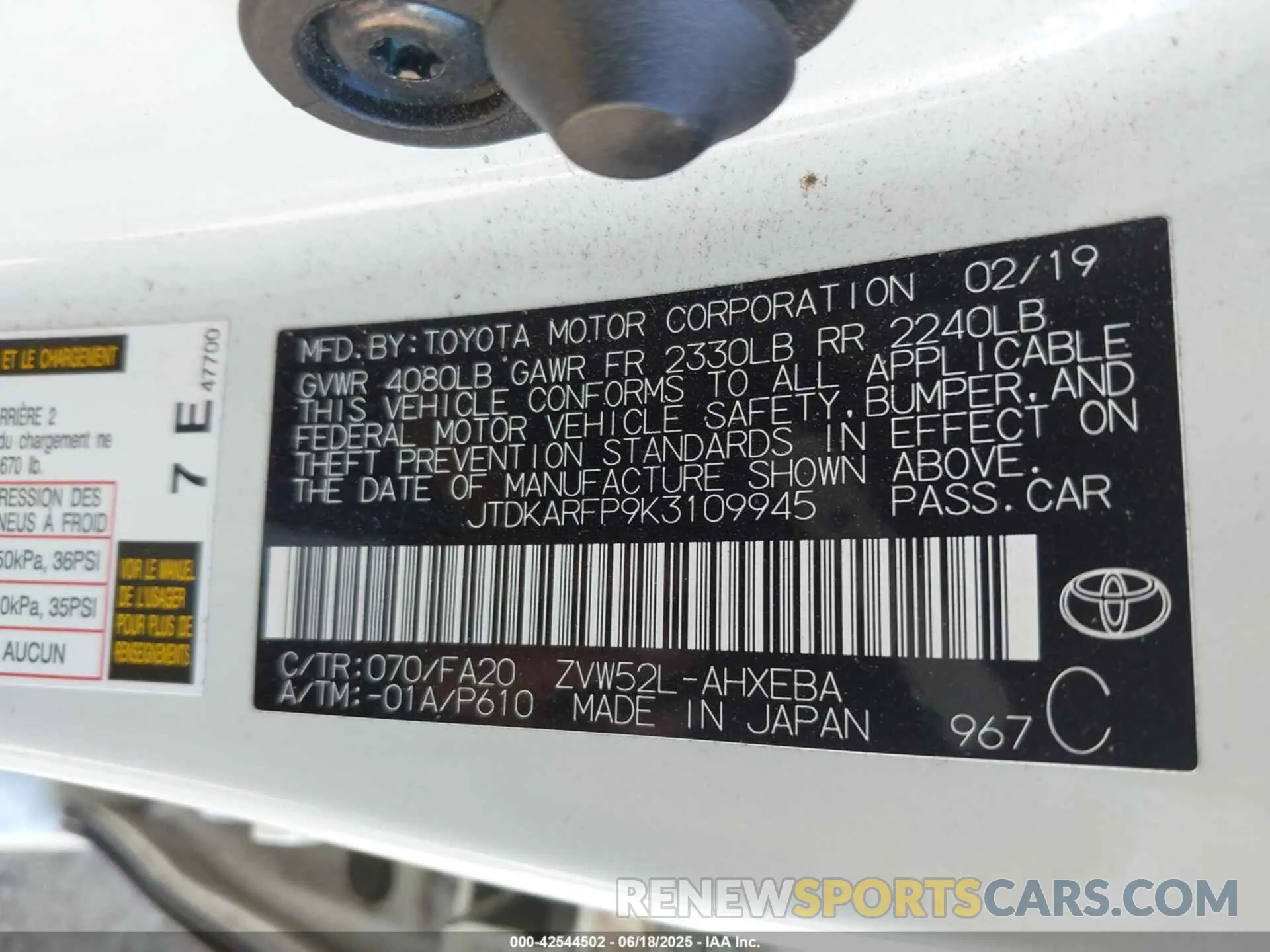 9 Photograph of a damaged car JTDKARFP9K3109945 TOYOTA PRIUS PRIME 2019