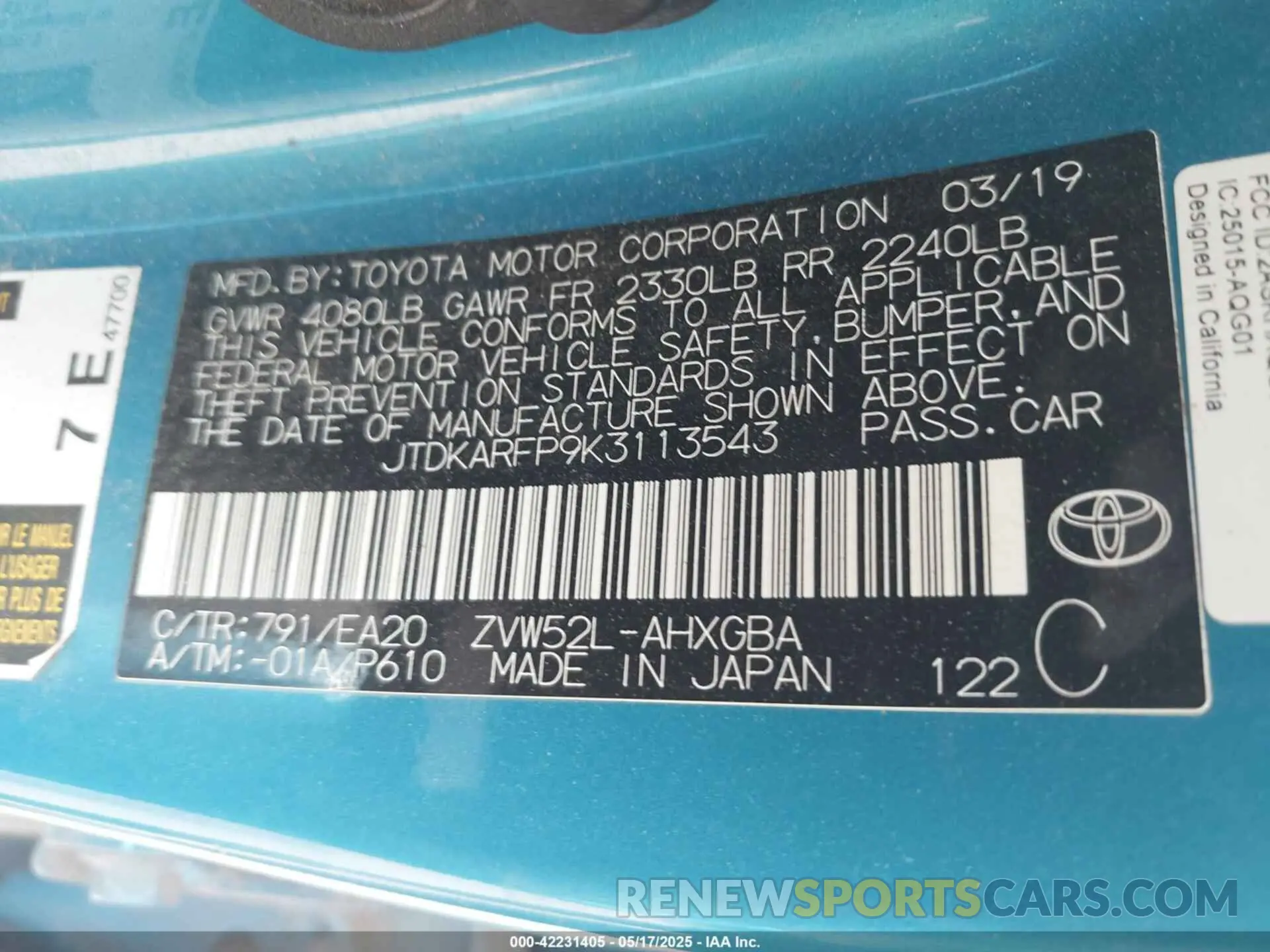 9 Photograph of a damaged car JTDKARFP9K3113543 TOYOTA PRIUS PRIME 2019