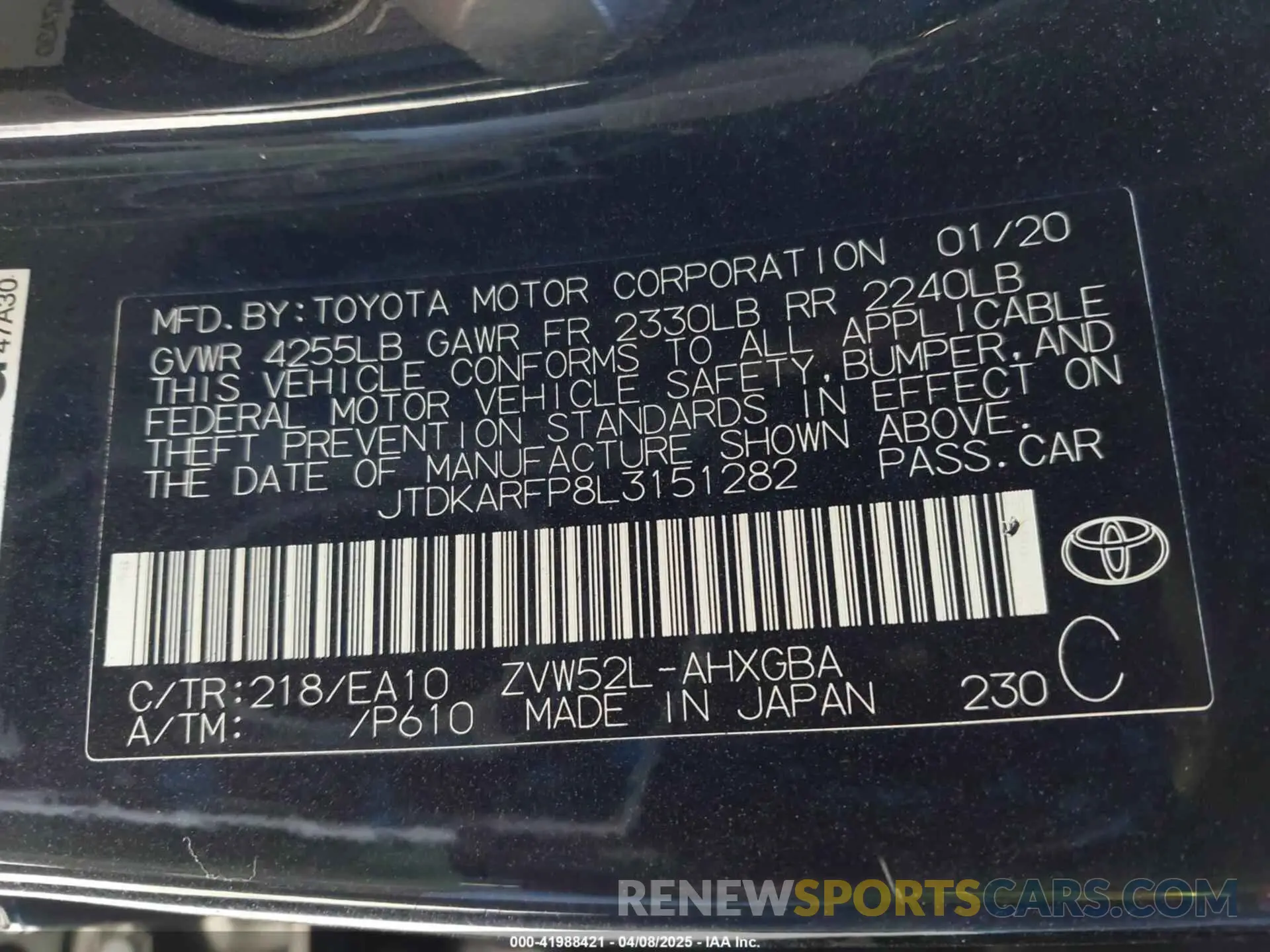 9 Photograph of a damaged car JTDKARFP8L3151282 TOYOTA PRIUS PRIME 2020