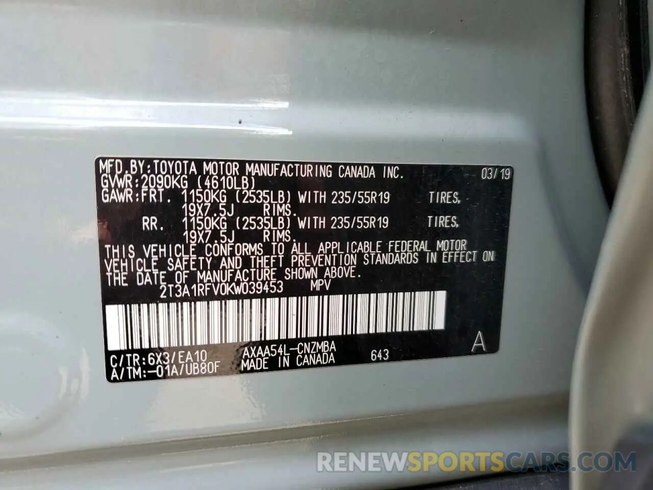 14 Photograph of a damaged car 2T3A1RFV0KW039453 TOYOTA RAV4 2019