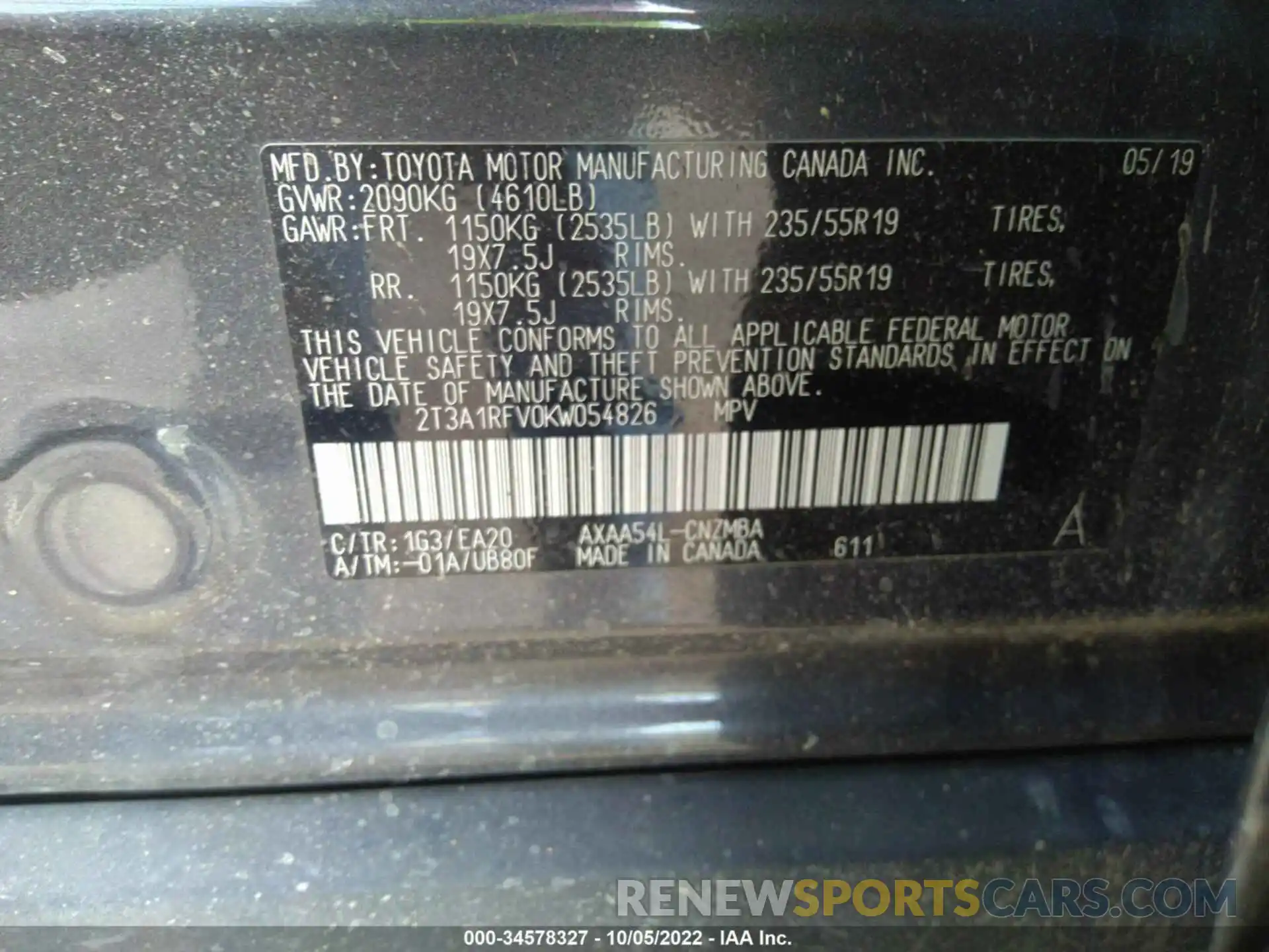 9 Photograph of a damaged car 2T3A1RFV0KW054826 TOYOTA RAV4 2019