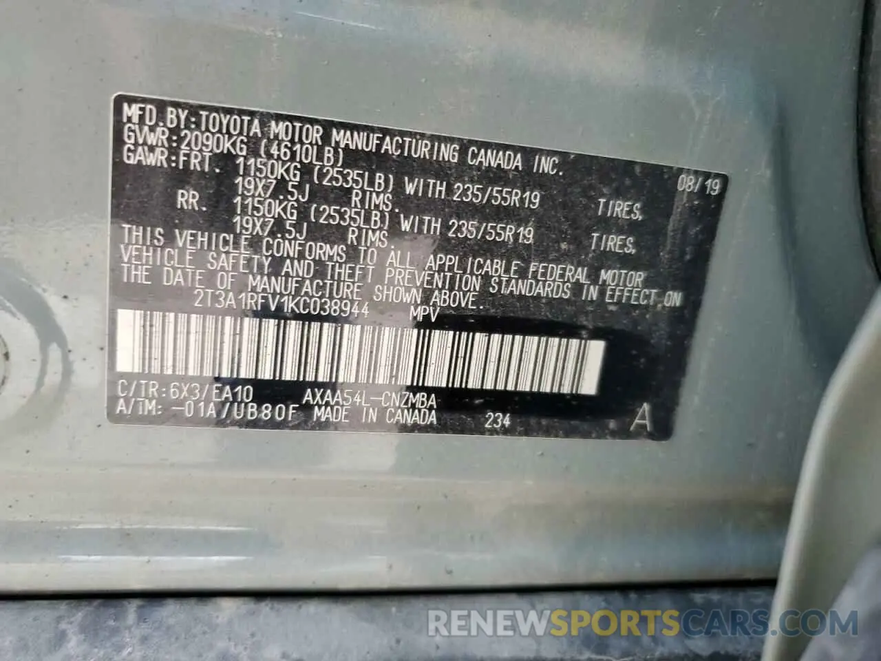 13 Photograph of a damaged car 2T3A1RFV1KC038944 TOYOTA RAV4 2019