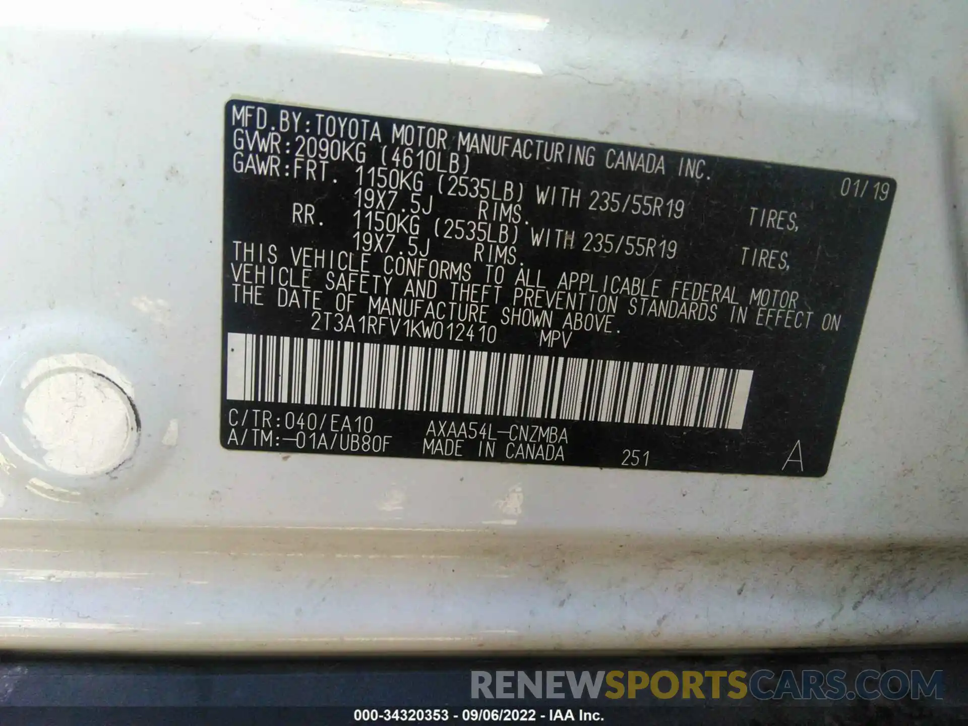 9 Photograph of a damaged car 2T3A1RFV1KW012410 TOYOTA RAV4 2019