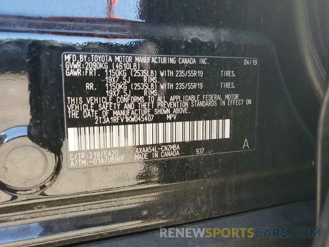 13 Photograph of a damaged car 2T3A1RFV1KW045407 TOYOTA RAV4 2019