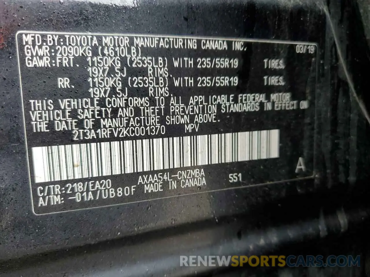 14 Photograph of a damaged car 2T3A1RFV2KC001370 TOYOTA RAV4 2019
