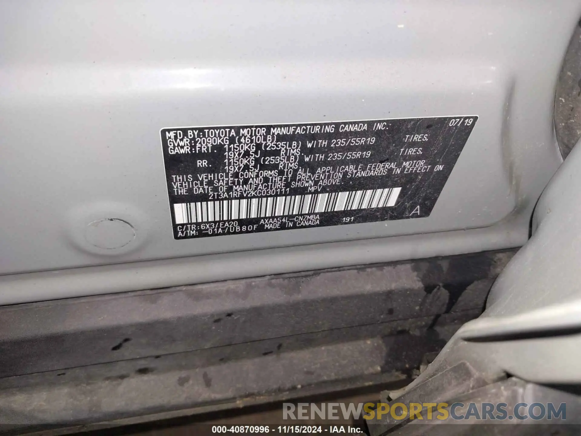 9 Photograph of a damaged car 2T3A1RFV2KC030111 TOYOTA RAV4 2019