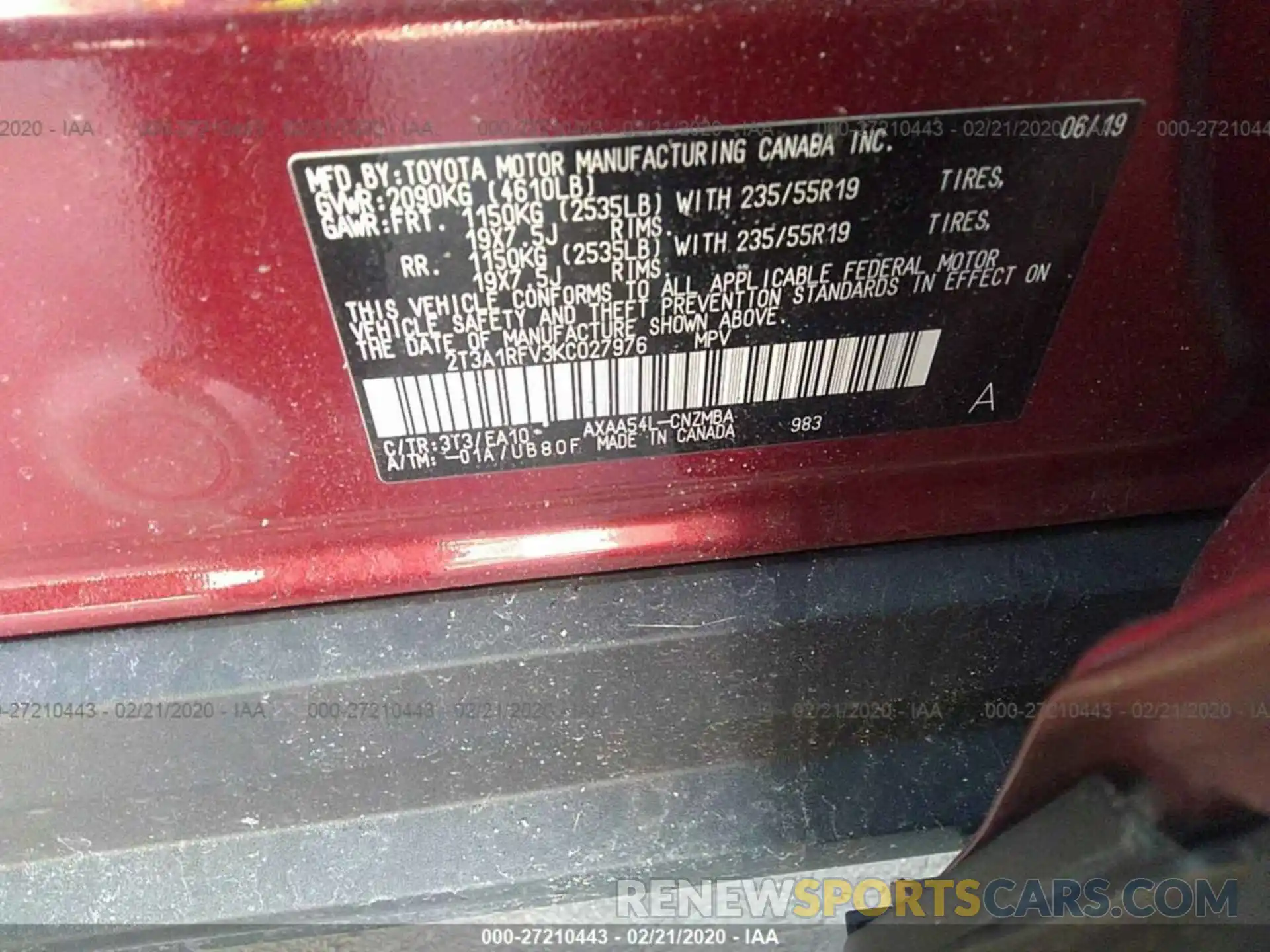 9 Photograph of a damaged car 2T3A1RFV3KC027976 TOYOTA RAV4 2019