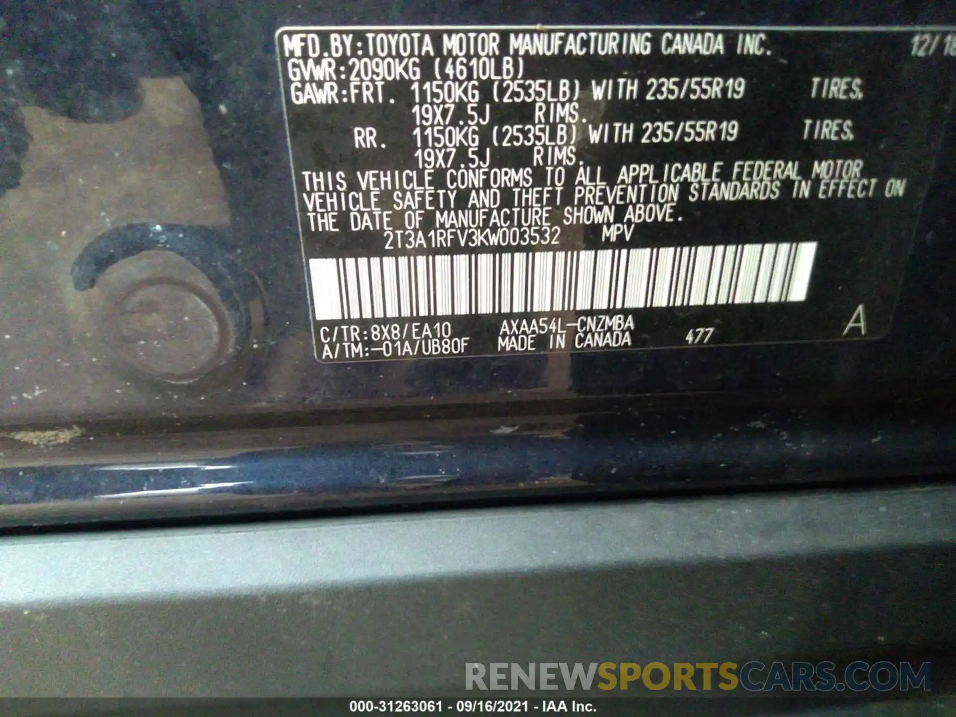 9 Photograph of a damaged car 2T3A1RFV3KW003532 TOYOTA RAV4 2019