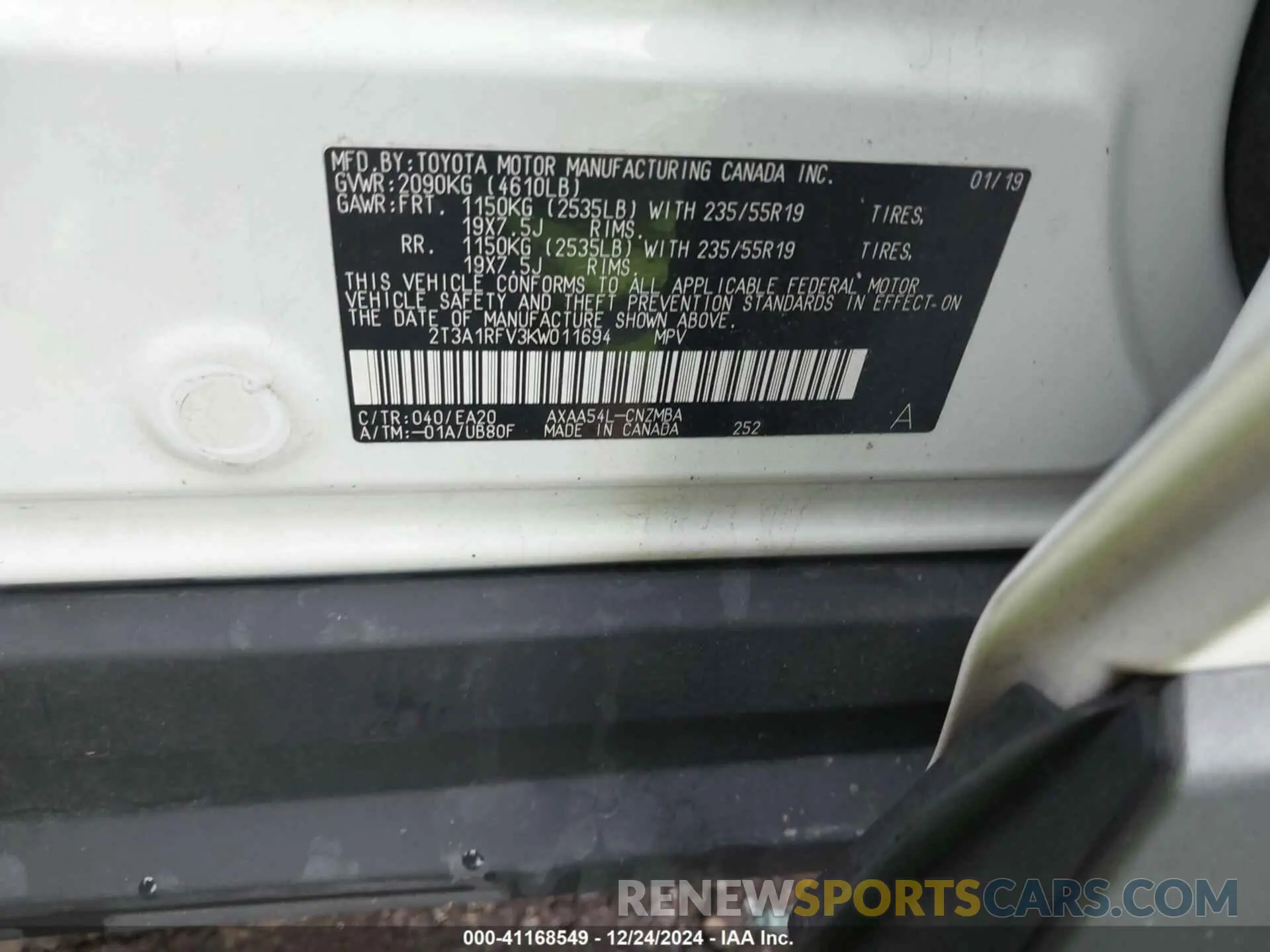 9 Photograph of a damaged car 2T3A1RFV3KW011694 TOYOTA RAV4 2019