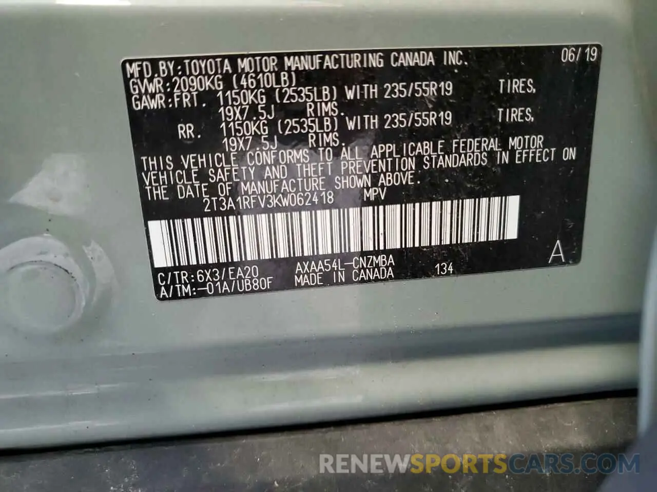 13 Photograph of a damaged car 2T3A1RFV3KW062418 TOYOTA RAV4 2019