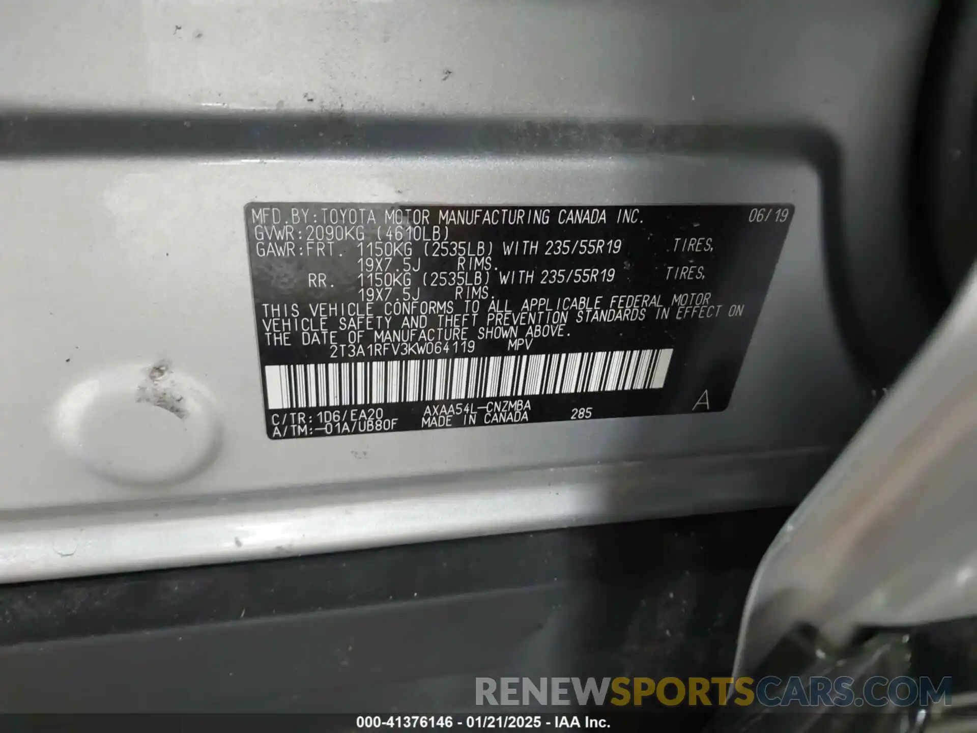 9 Photograph of a damaged car 2T3A1RFV3KW064119 TOYOTA RAV4 2019