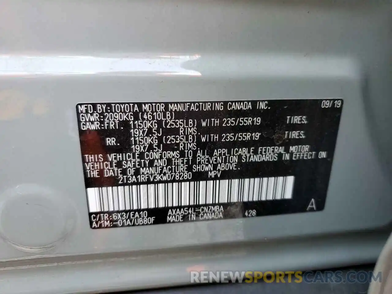 10 Photograph of a damaged car 2T3A1RFV3KW078280 TOYOTA RAV4 2019