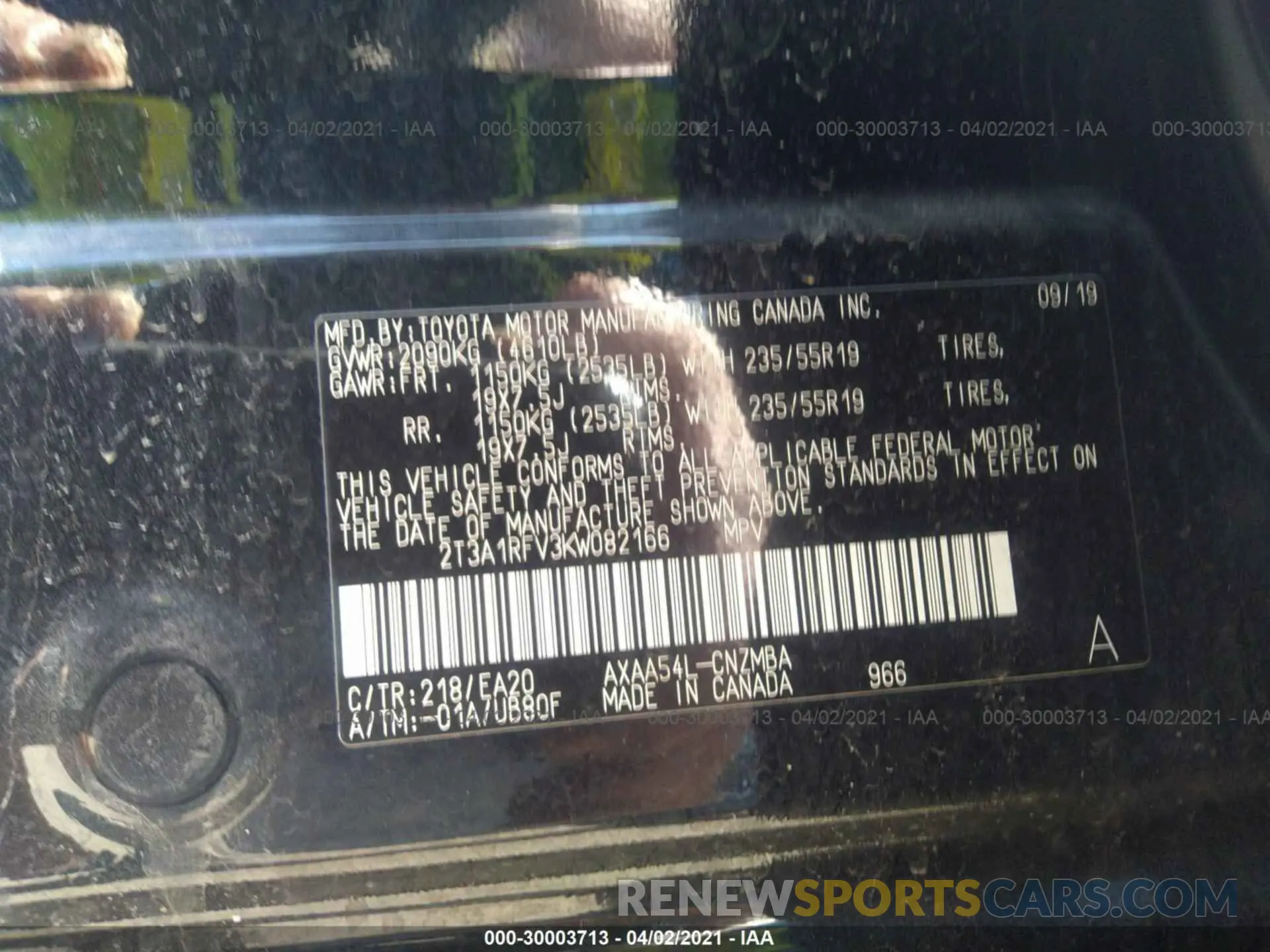 9 Photograph of a damaged car 2T3A1RFV3KW082166 TOYOTA RAV4 2019