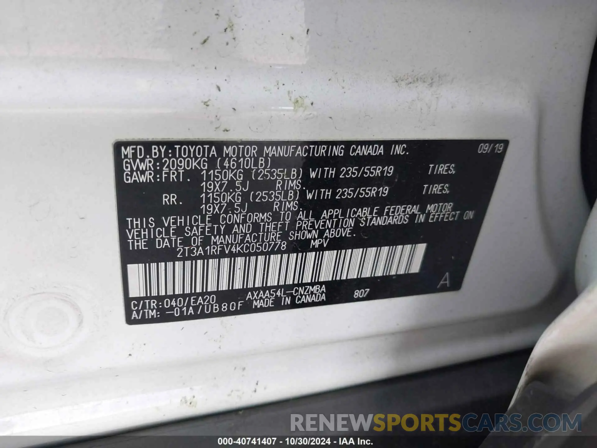 9 Photograph of a damaged car 2T3A1RFV4KC050778 TOYOTA RAV4 2019