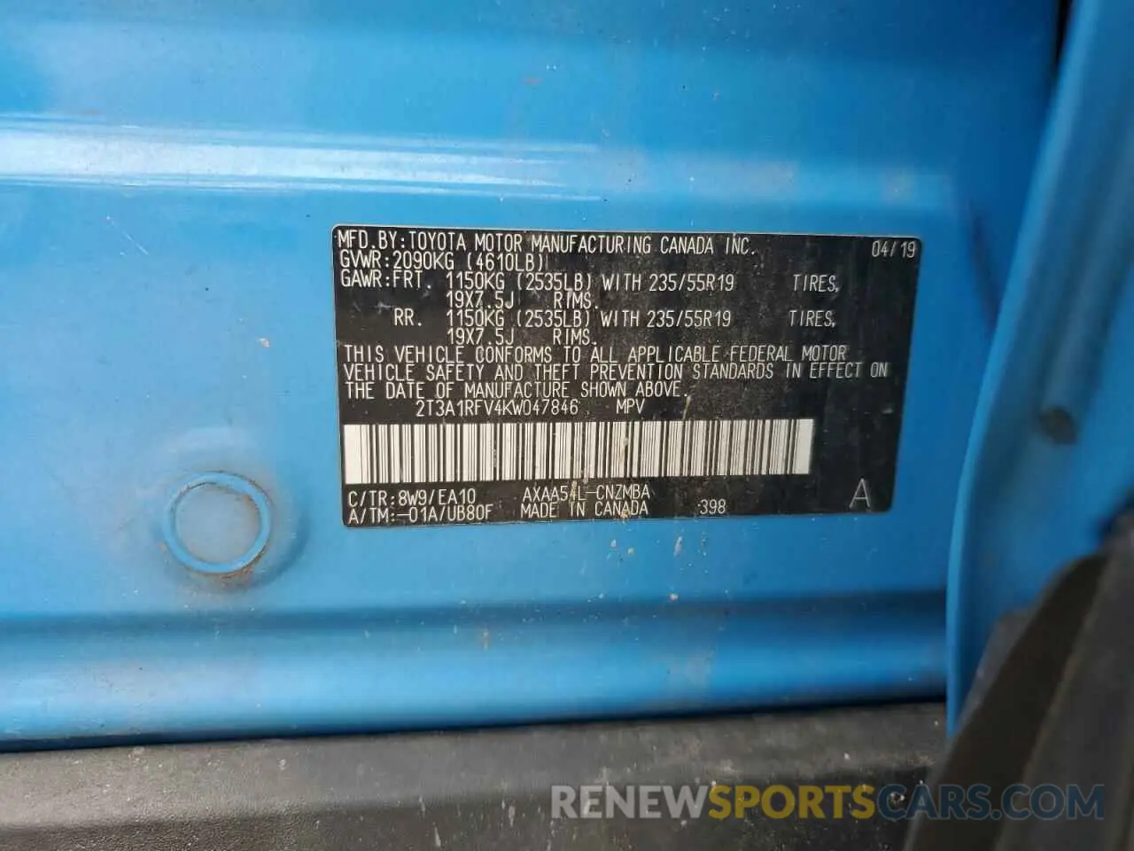 12 Photograph of a damaged car 2T3A1RFV4KW047846 TOYOTA RAV4 2019
