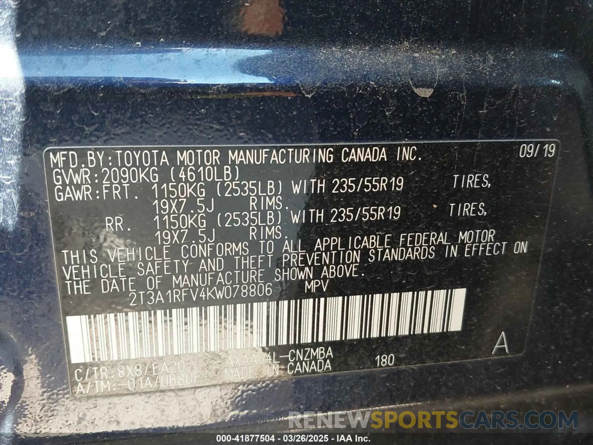 9 Photograph of a damaged car 2T3A1RFV4KW078806 TOYOTA RAV4 2019