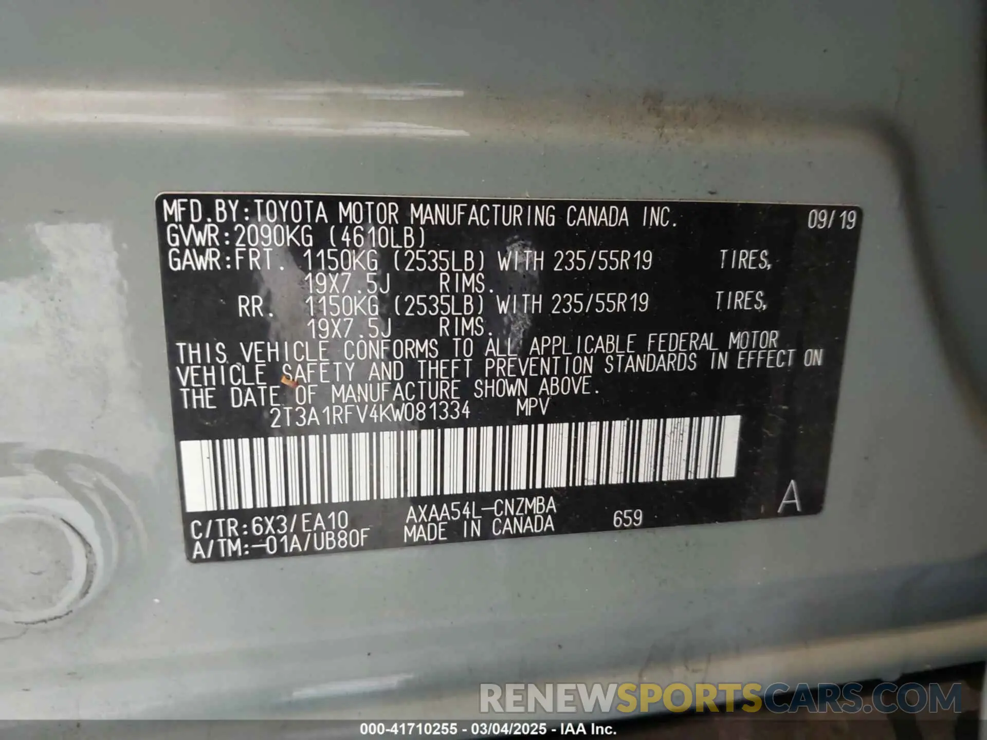 9 Photograph of a damaged car 2T3A1RFV4KW081334 TOYOTA RAV4 2019