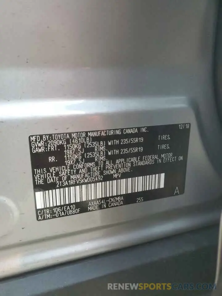 13 Photograph of a damaged car 2T3A1RFV5KW005492 TOYOTA RAV4 2019