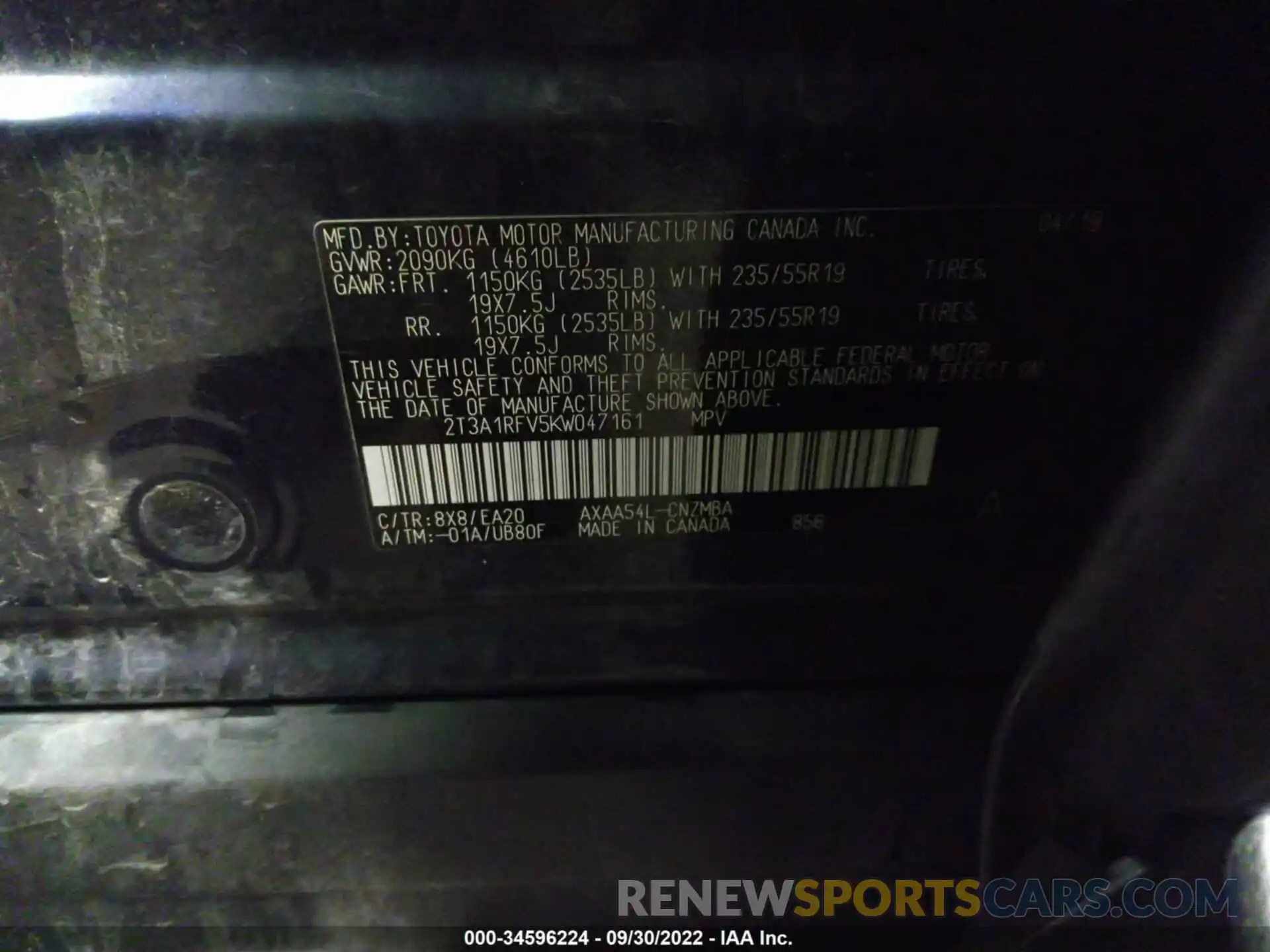 9 Photograph of a damaged car 2T3A1RFV5KW047161 TOYOTA RAV4 2019