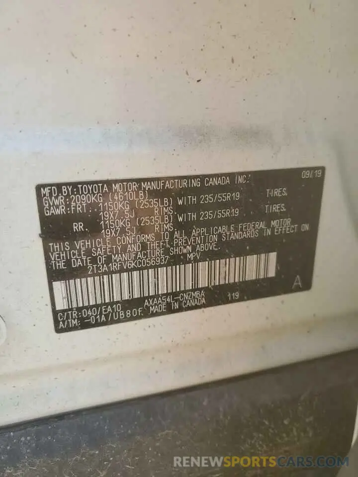 14 Photograph of a damaged car 2T3A1RFV6KC056937 TOYOTA RAV4 2019