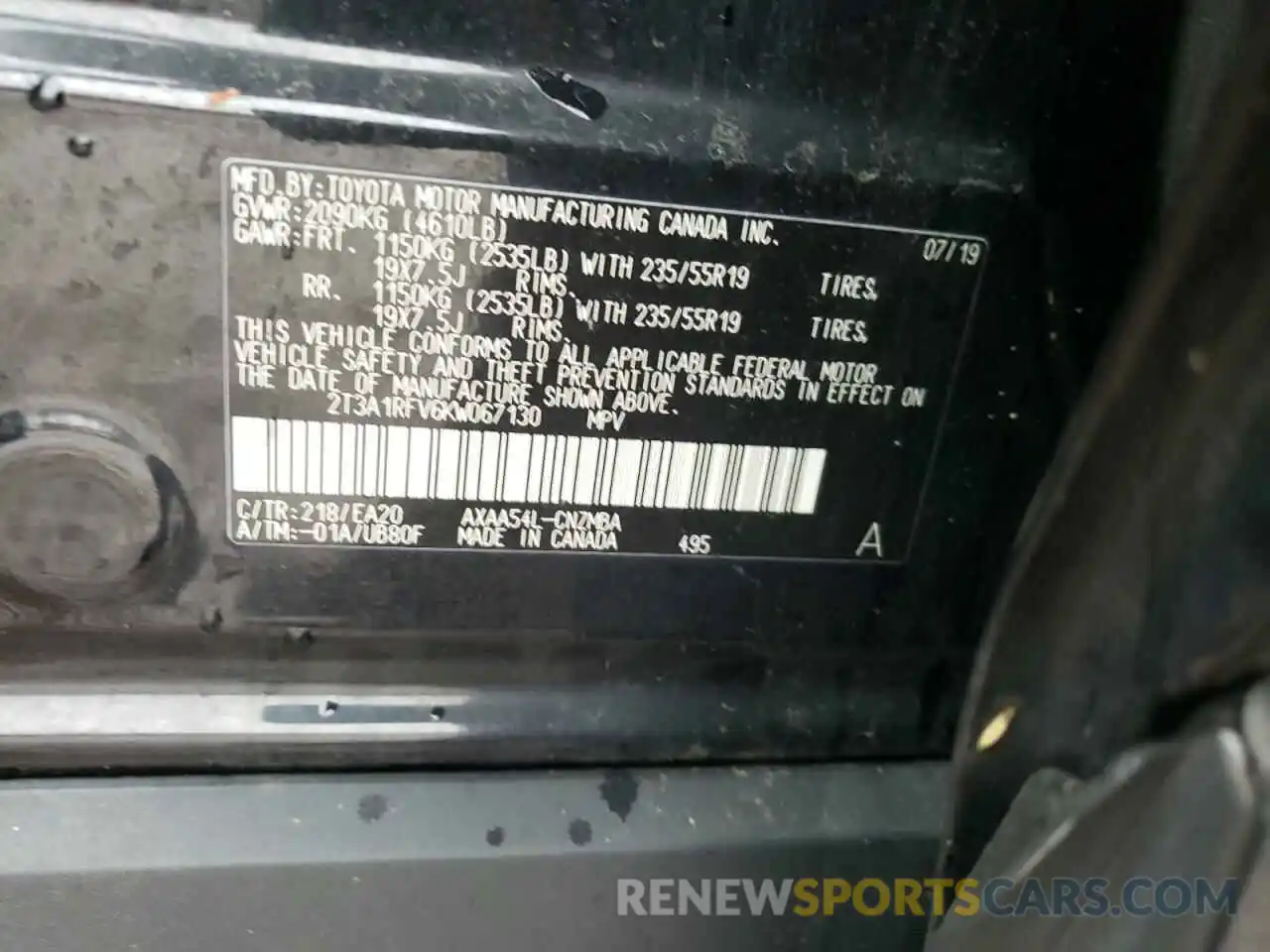 13 Photograph of a damaged car 2T3A1RFV6KW067130 TOYOTA RAV4 2019