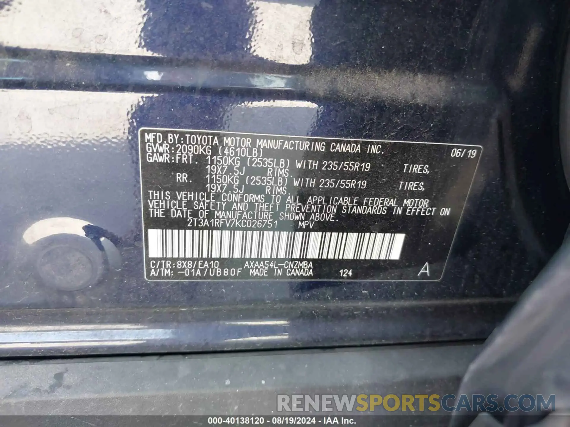 9 Photograph of a damaged car 2T3A1RFV7KC026751 TOYOTA RAV4 2019