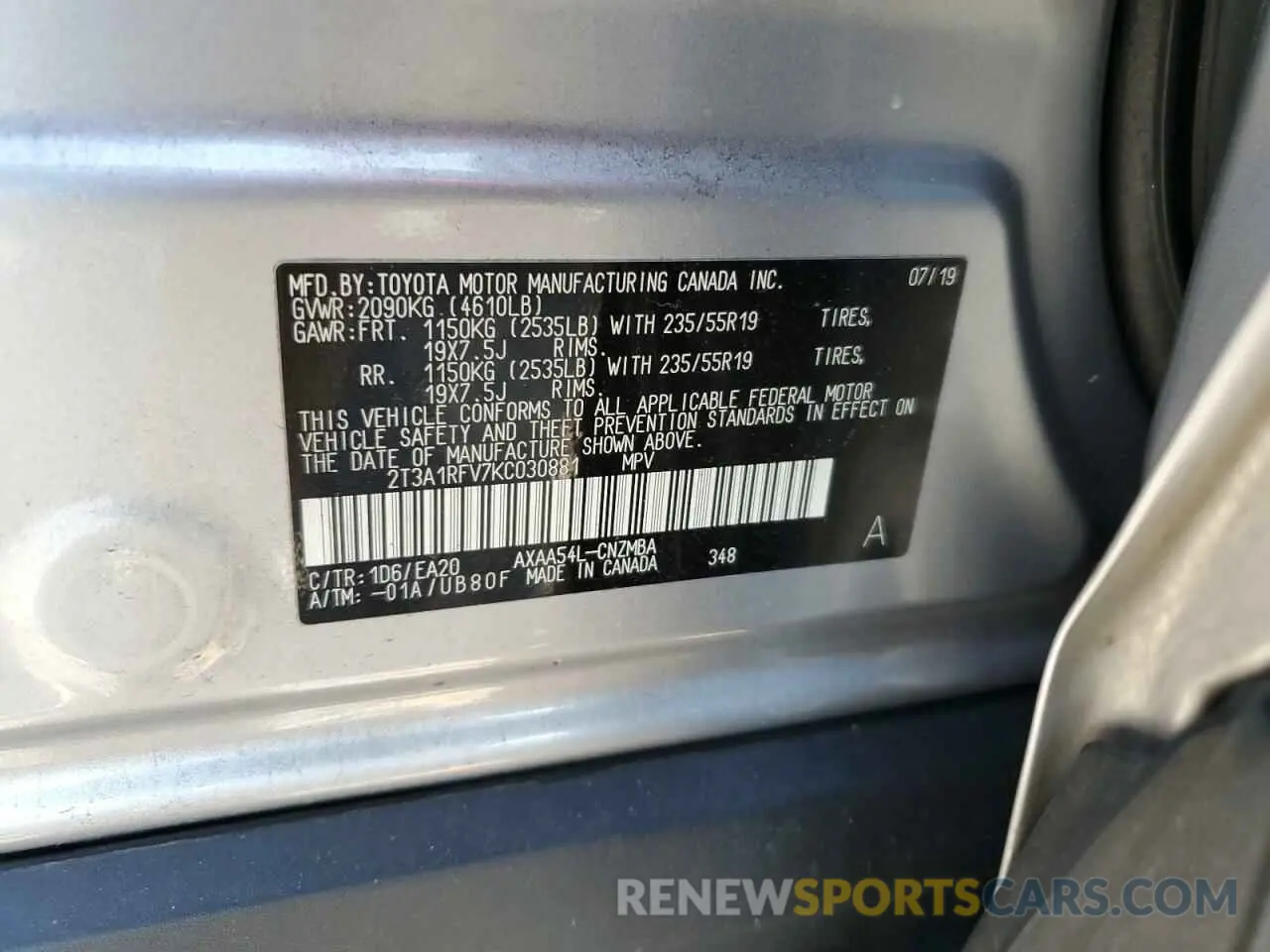 13 Photograph of a damaged car 2T3A1RFV7KC030881 TOYOTA RAV4 2019