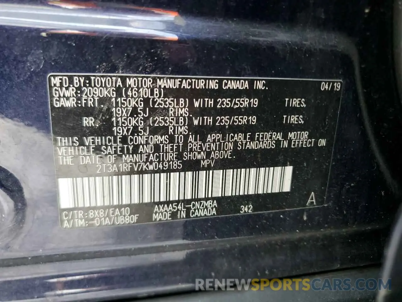 14 Photograph of a damaged car 2T3A1RFV7KW049185 TOYOTA RAV4 2019