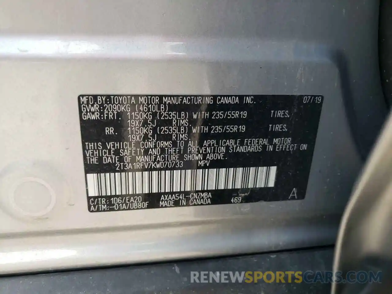 10 Photograph of a damaged car 2T3A1RFV7KW070733 TOYOTA RAV4 2019