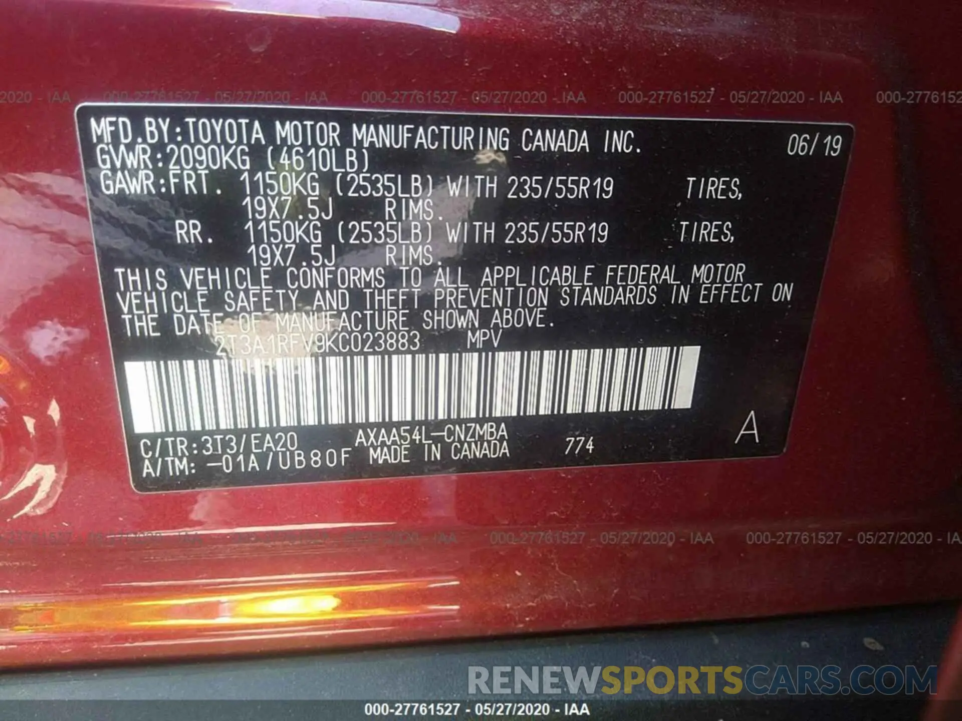 9 Photograph of a damaged car 2T3A1RFV9KC023883 TOYOTA RAV4 2019