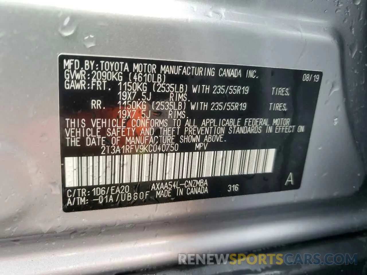 14 Photograph of a damaged car 2T3A1RFV9KC040750 TOYOTA RAV4 2019