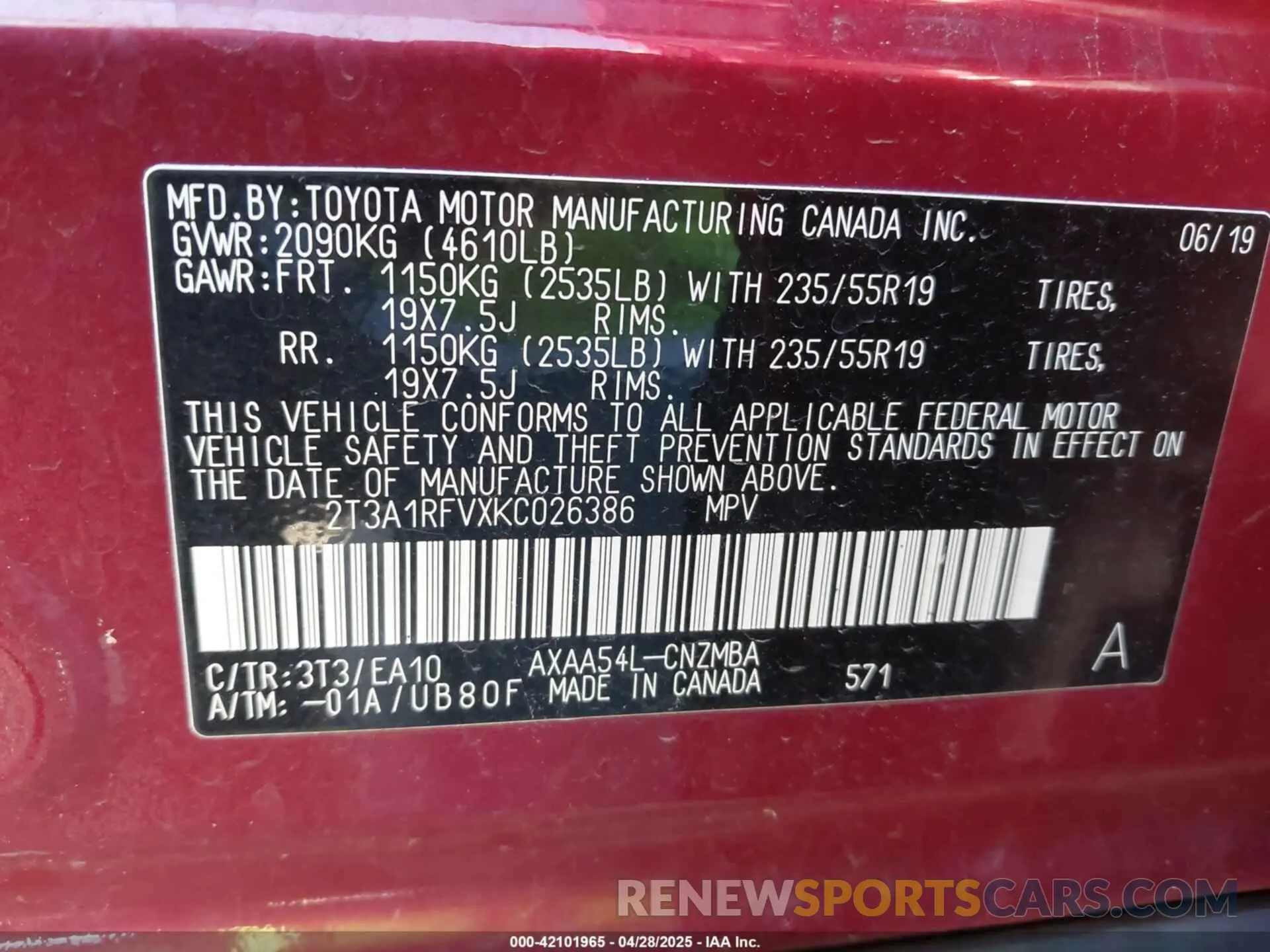 9 Photograph of a damaged car 2T3A1RFVXKC026386 TOYOTA RAV4 2019
