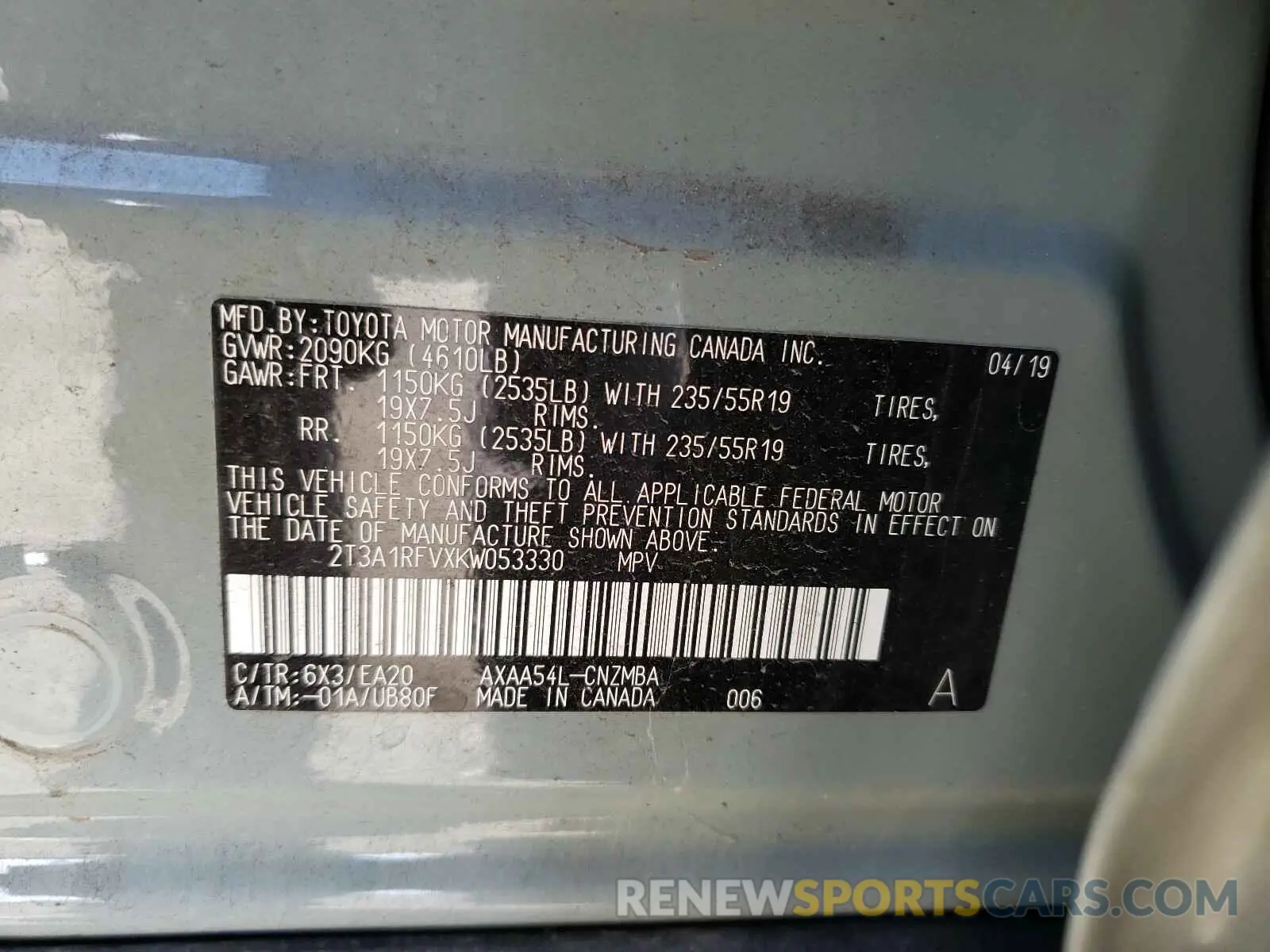 10 Photograph of a damaged car 2T3A1RFVXKW053330 TOYOTA RAV4 2019