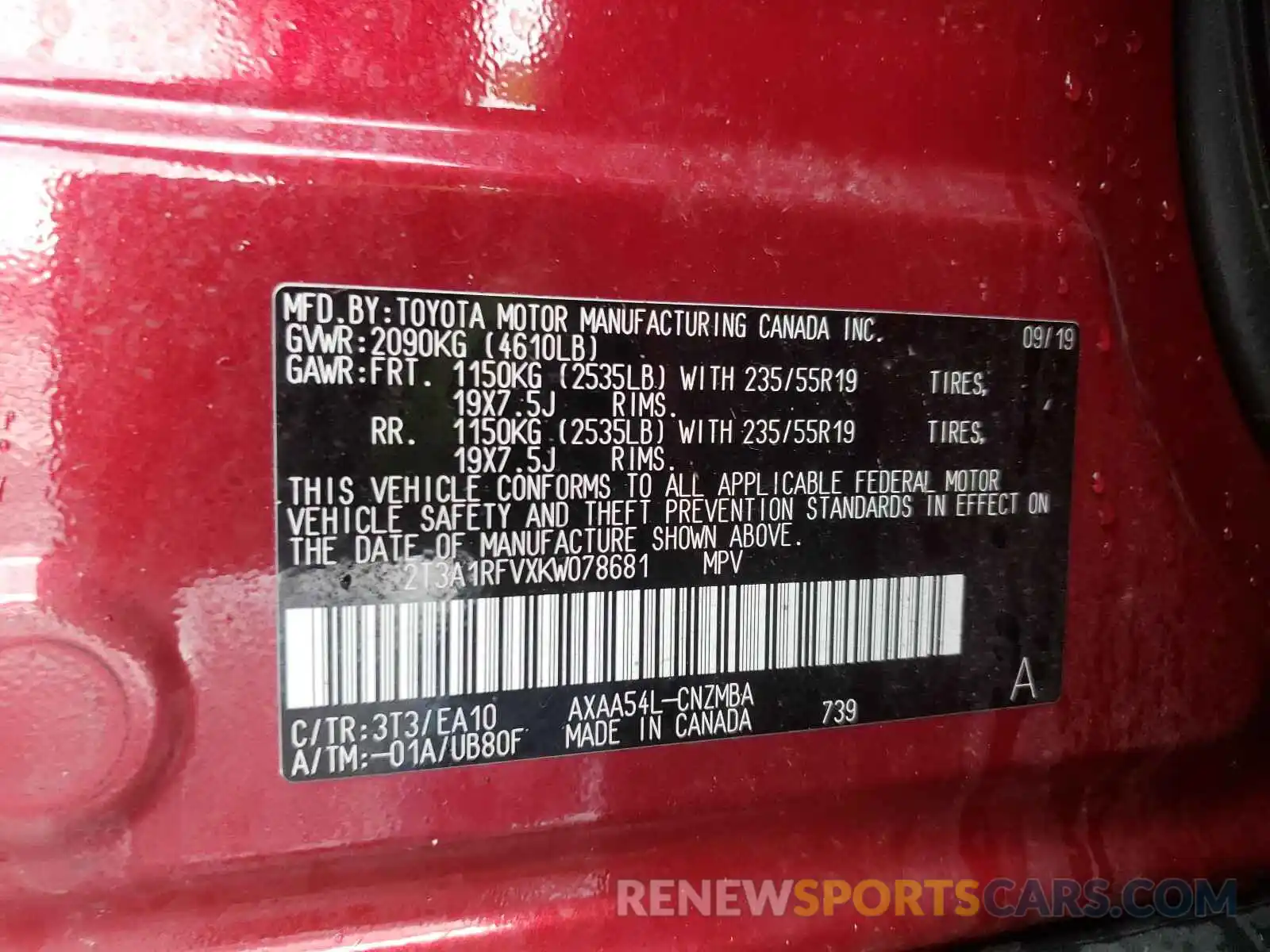 10 Photograph of a damaged car 2T3A1RFVXKW078681 TOYOTA RAV4 2019