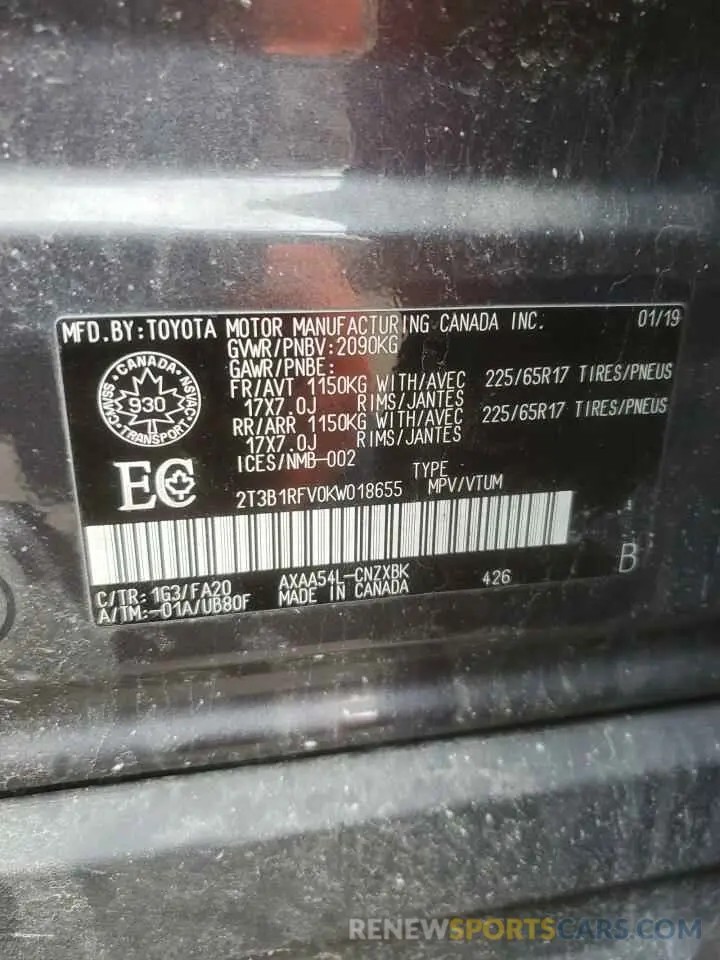 13 Photograph of a damaged car 2T3B1RFV0KW018655 TOYOTA RAV4 2019