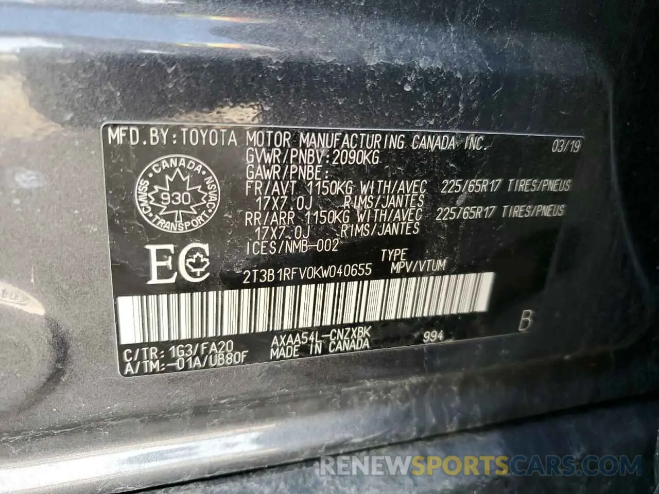 13 Photograph of a damaged car 2T3B1RFV0KW040655 TOYOTA RAV4 2019