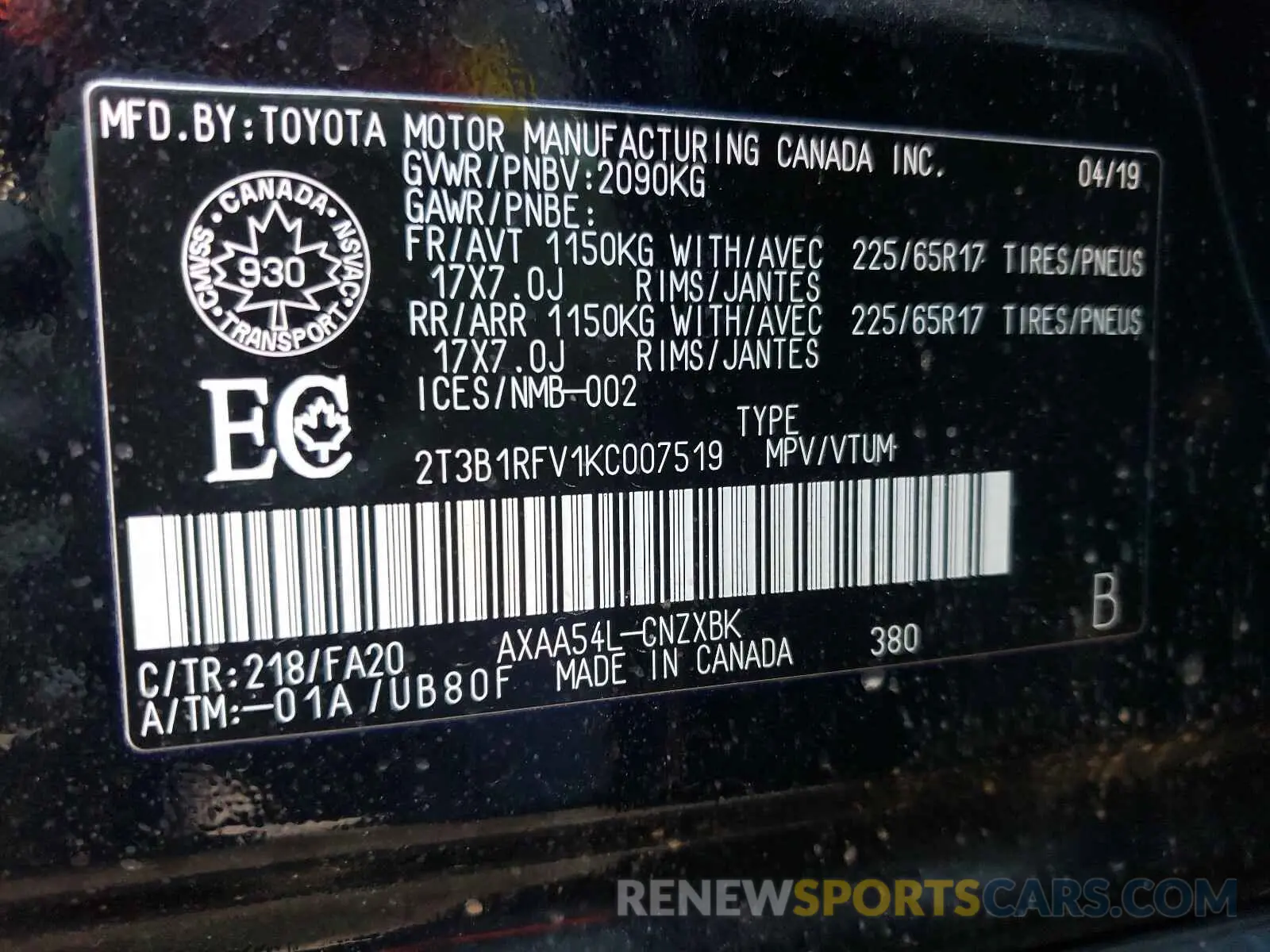 10 Photograph of a damaged car 2T3B1RFV1KC007519 TOYOTA RAV4 2019