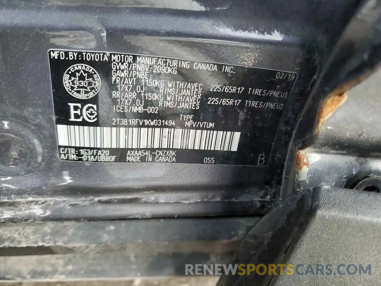 14 Photograph of a damaged car 2T3B1RFV1KW031494 TOYOTA RAV4 2019