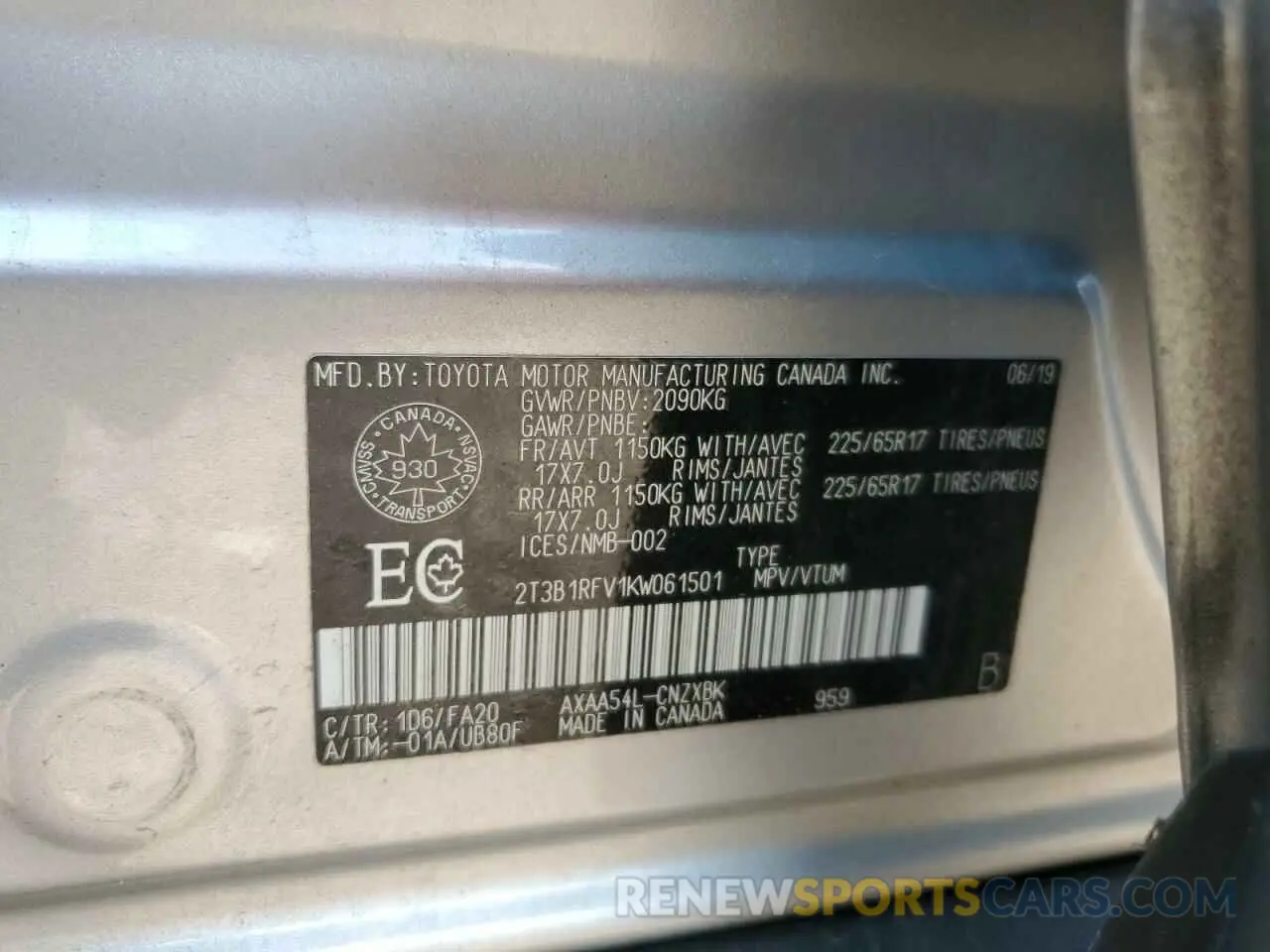 14 Photograph of a damaged car 2T3B1RFV1KW061501 TOYOTA RAV4 2019