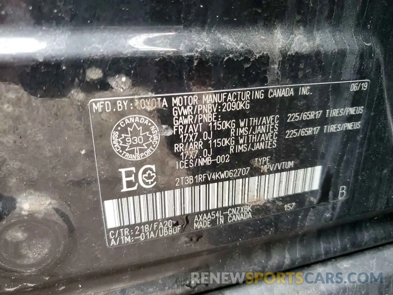 14 Photograph of a damaged car 2T3B1RFV4KW062707 TOYOTA RAV4 2019