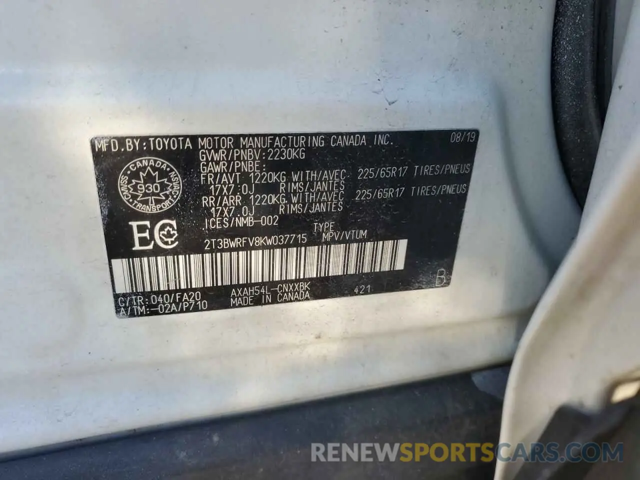 13 Photograph of a damaged car 2T3BWRFV8KW037715 TOYOTA RAV4 2019