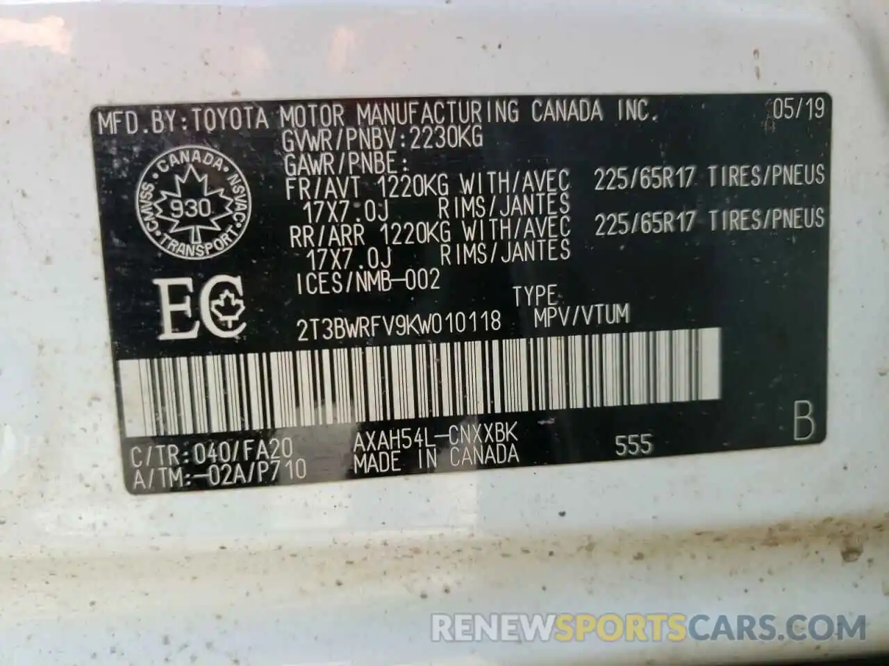 10 Photograph of a damaged car 2T3BWRFV9KW010118 TOYOTA RAV4 2019